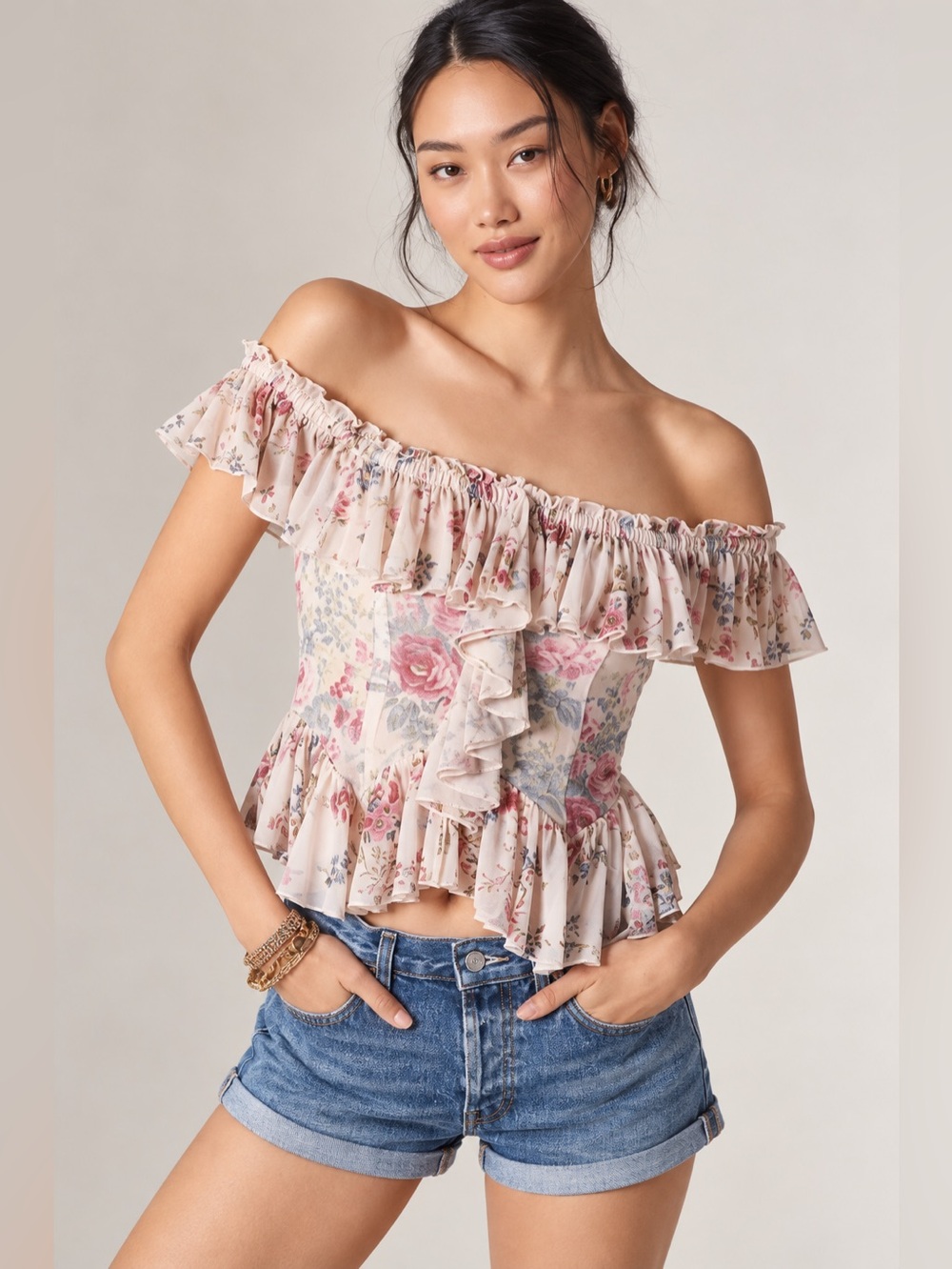 Anthropologie Off-The-Shoulder Pink‎ Floral Mesh Ruffle Top Cottage Core Boho